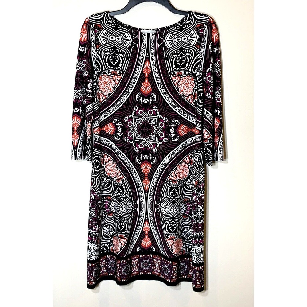 London Times Dress Petite 8 Black Shift Long Sleeve Stretch Geo Print Mandala